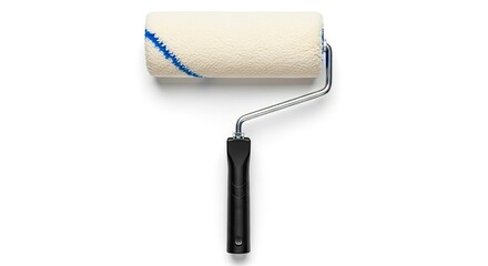 Obraz premium A paint roller rests on a white surface. The roller has a white nap and blue and white striped edge.