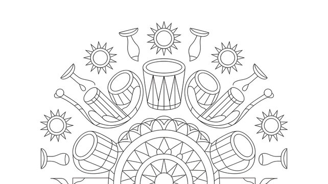 Outline design of musical instruments: drums, tutari horns and sunbursts.