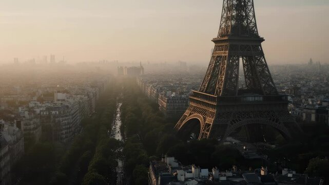 Cinematic FPV drone gliding smoothly near the Eiffel Tower during early morning
