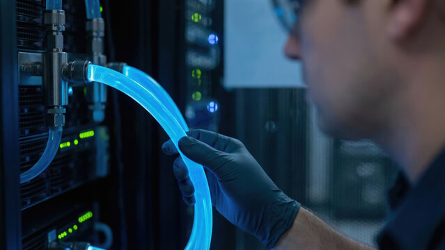 Data center energy consumption liquid immersion cooling technician adjusts glowing coolant hose in server rack efficiently and calmly for sustainable high performance