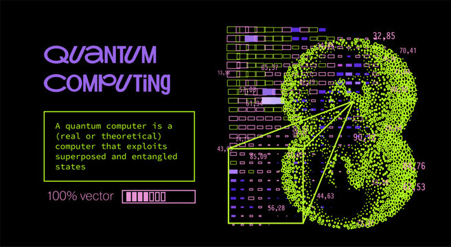 Neon pink purple green particles create brain clusters, grids, lines with numbers on black. Conceptual vector illustration for quantum computing and qubit visualization.