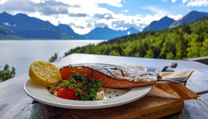 Grilled salmon and fresh vegetables served on a plate, scenic mountains in background