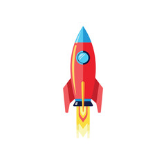 A rocket launching upward, flat design, single object composition, vector illustration, white background, solid bright colors