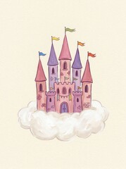 Fototapeta premium Whimsical Pink Fairytale Castle Floating on a Cloud with Stars and Moon Illustration