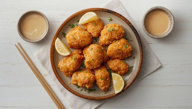 Karaage Japanese fried chicken with crispy golden coating and juicy tender interior, neatly arranged with fresh garnish for authentic street food and casual dining presentation.