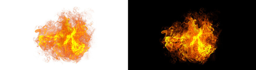 Fototapeta premium Realistic depiction of intense orange and yellow flame explosion effect element with glowing embers on transparent background