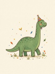 Fototapeta premium Cute Dinosaur Wearing a Party Hat Illustration for Kids Birthday and Nursery Decor