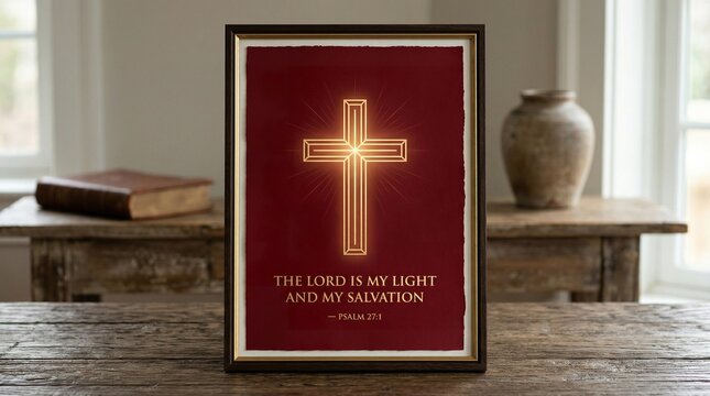 Minimal radiant light cross in gold line, matte red background, luxury Christian poster, Bible verse &ldquo;The Lord is my light and my salvation &mdash; Psalm 27:1&rdquo;

