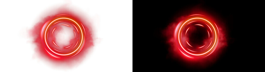 PNG image of Vibrant red and orange glowing concentric circles with a mysterious smoky aura, creating an energetic and futuristic abstract light effect on transparent background. © rehena