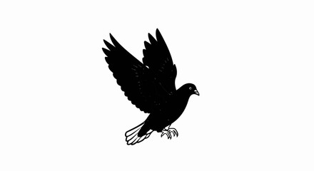Obraz premium Black silhouette of a pigeon in mid-flight with outstretched wings and legs