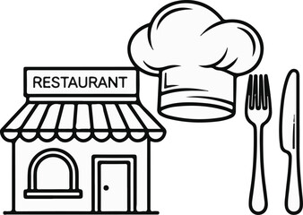 Restaurant building, chef hat, fork, and knife icons