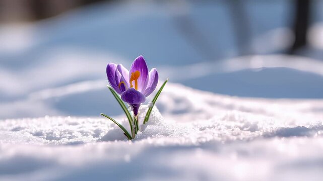 Spring snow ice thaw, end of Winter Season, hope, fresh start. A vibrant purple crocus in the snow, its delicate petals contrasting against the stark white backdrop.