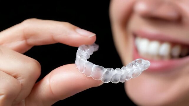 Smiling woman holding clear dental aligner closeup demonstration