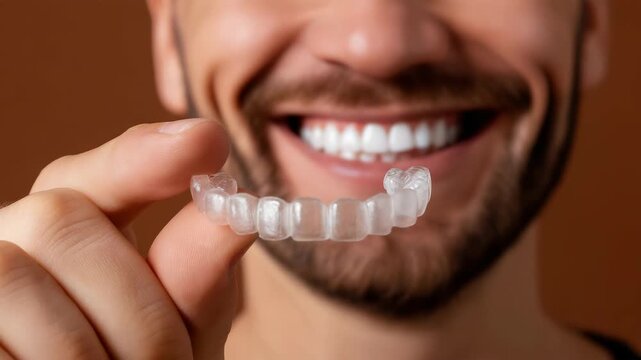 Smiling man demonstrates clear aligners for teeth alignment on brown background