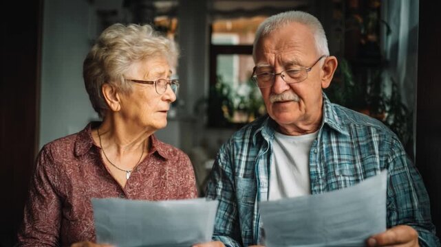 Seniors reading important documents together in their cozy home, showcasing love, attention, and collaboration in their later years. Capturing moments of connection and wisdom.