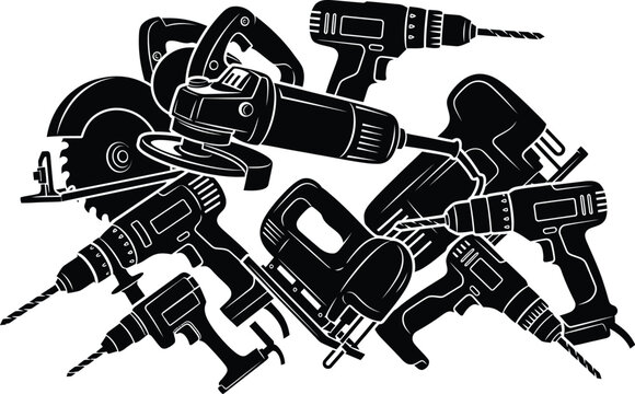 Dynamic pile of black and white vector illustrations of various power tools like drills, saws, and grinders for construction and DIY projects.