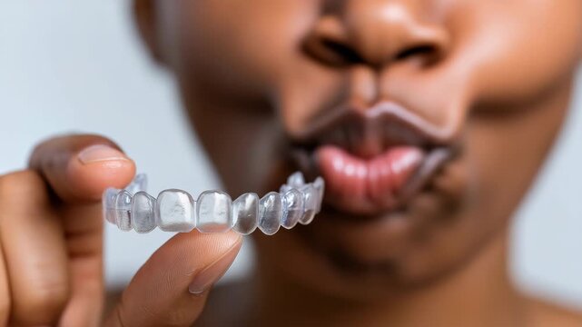 Smiling woman demonstrating clear aligners with closeup movements
