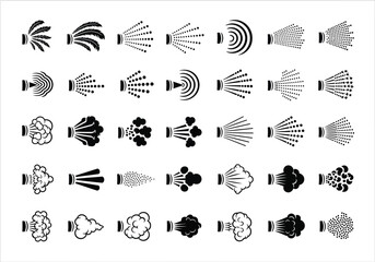 Naklejka premium Set of spray effects icons: various types of liquid or particle sprays, mist, puffs, and bursts for design elements.