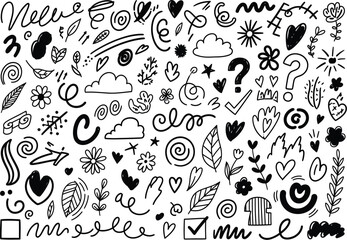 Fototapeta premium Doodle elements collection: hearts, flowers, leaves, clouds, swirls, question marks, and arrows
