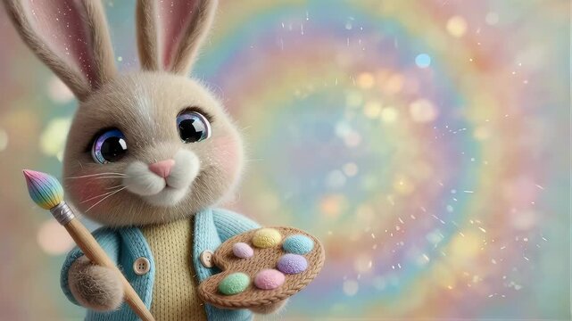 Happy knitted easter bunny holding a paintbrush and palette with colorful eggs. Festive spring art concept for kid activity.