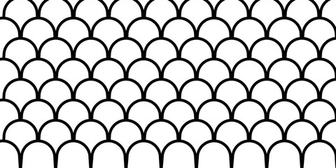 Fish scale wallpaper. Asian traditional ornament with repeated scallops. Repeated black curves on white background. Seamless surface pattern design with semicircles. Grid motif. Digital paper. Vector. © Rahman