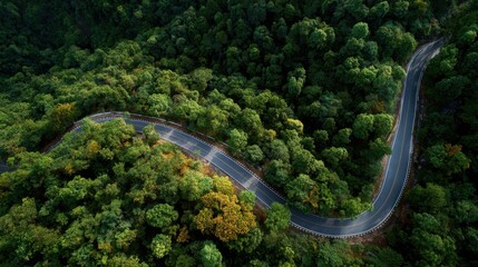 Obraz premium Aerial view of a road in the middle of the forest , road curve construction up to mountain 
