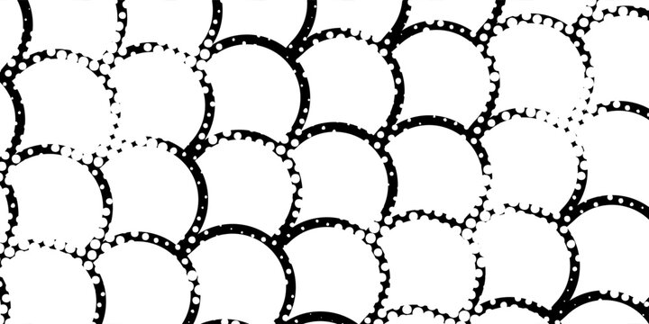 Fish scale wallpaper. Asian traditional ornament with repeated scallops. Repeated black curves on white background. Seamless surface pattern design with semicircles. Grid motif. Digital paper. EPS 10