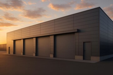 Obraz premium Heavy-Duty Commercial Use Warehouse or Storage Unit Featuring Large Vertical Rolling Exterior Roller Shutter Garage Doors with Sleek Dark Gray Metal Panel Cladding. Industrial Zone at Sunset.