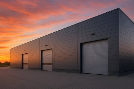 Heavy-Duty Commercial Use Warehouse or Storage Unit Featuring Large Vertical Rolling  Exterior Roller Shutter Garage Doors with Sleek Dark Gray Metal Panel Cladding. Industrial Zone  at Sunset.