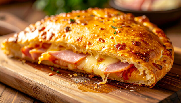Golden baked calzone on rustic wooden board, cheese and ham filling, appetizing and delicious meal.