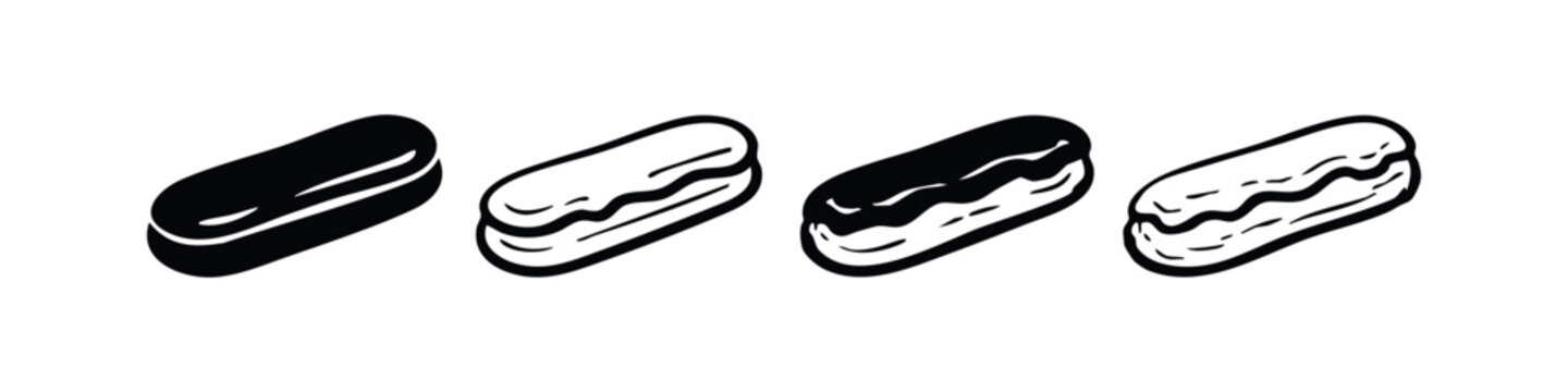 Eclair Icons Set. Collection of eclair pastries in different design styles. Vector illustration.