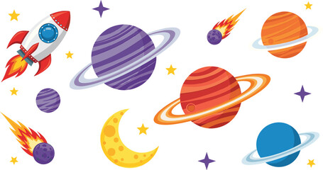 Flat vector illustration set of outer space elements featuring a colorful rocket ship, ringed planets, crescent moon, flaming meteors, and bright stars on a white background. © Ariful