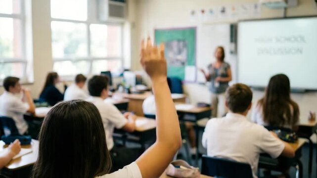 student raising hand in lecture blurred perspective classroom video