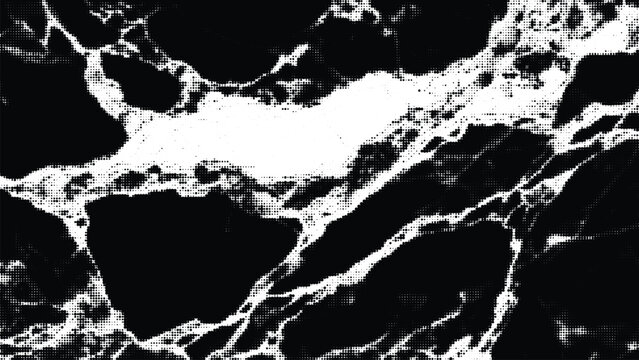 Abstract black marbled texture with halftone dots and transparent checkerboard elements, grunge graphic design