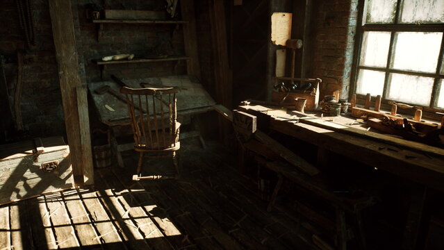 Sunlit rustic workbench by window, empty wooden chair beside bench, scattered chisels hammer nails on aged plank, oil lamp and glass bottle on windowsill, dust