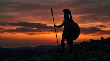 Obraz premium Spartan warrior silhouette standing with spear and shield at sunset