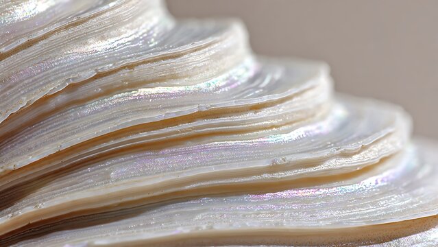 Macro close up of iridescent seashell nacre layers with natural pearl texture and soft reflective surface