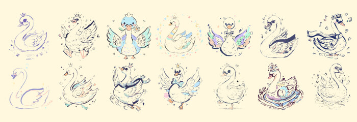 Obraz premium Collection of Hand-Drawn Swan Illustrations and Sketches