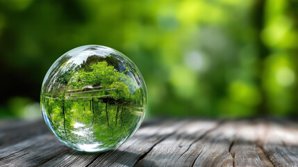 Crystal globe glass green forest sustainable development, green business circular economy, supply chain renewable energy, carbon emission net zero, Earth Day ESG concept, with copy space