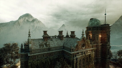 Ornate rooftop manor in misty mountains, stone turrets and warm lantern glow, carved cornices and snowdusted masonry, dramatic cloudy sky, panoramic valley © icetray