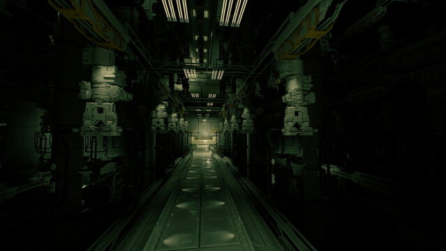 narrow fortified service corridor with heavy security fixtures and armored panels, muted green lighting, tactical maintenance vibe, corridor prepared