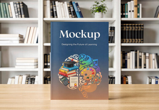 Mazine Book Standing Wooden Desk Mockup