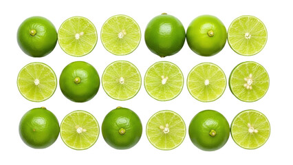 Isolated arrangement of fresh whole and halved green limes, sliced citrus fruit row