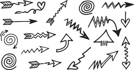 Fototapeta premium Doodle Arrow Icons Set: Hand-Drawn, Curly, Playful Vector Graphics for Kids & Creative Projects