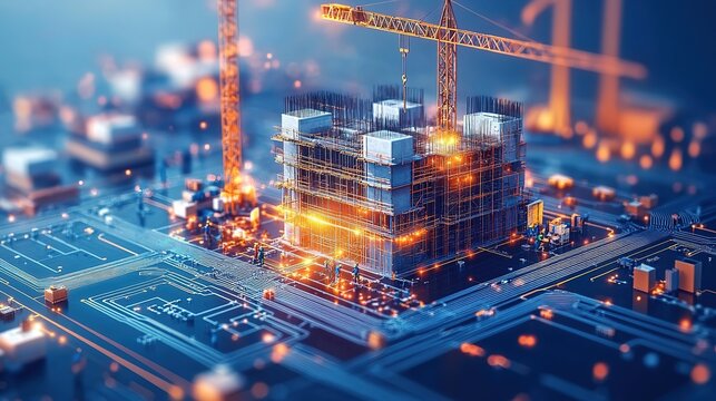 Construction Site on a Circuit Board with Tower Crane and Workers