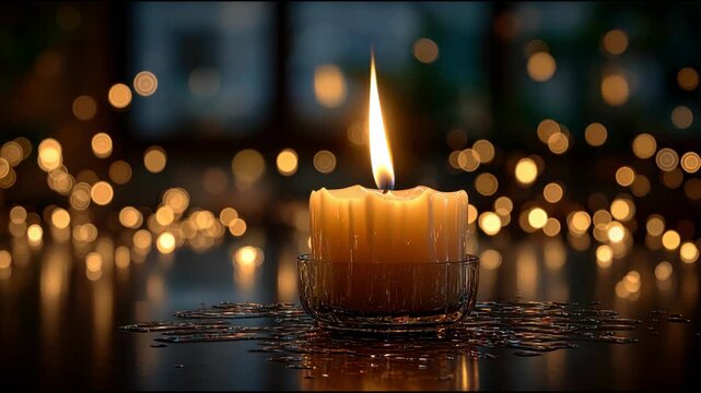 Candle's Soft Radiance: A single candle illuminates a dimly lit space, its gentle flame casting a warm glow and creating a sense of tranquility, amidst the blurred lights.
