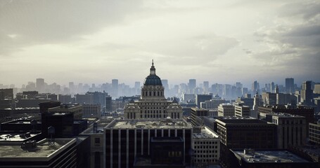 Fototapeta premium capitol dome framed by hazy skyline, drone vantage capturing historic dome and surrounding highrise under overcast sky, cinematic grain and muted palette convey