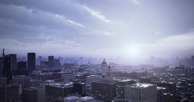 architect view of city layout at sunrise showing massing of blocks and highrise geometry, crisp horizons and reflective facades highlight structural rhythm,