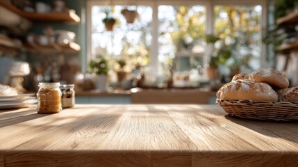 Obraz premium Bright morning light fills a cozy kitchen with a clean wooden table ready for fresh bread rolls and breakfast options