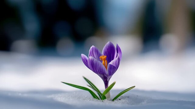 Spring snow ice thaw, end of Winter Season, hope, fresh start. A vibrant purple crocus in the snow, its delicate petals contrasting against the stark white backdrop. The flower is in sharp focus.